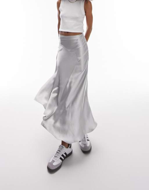 Topshop Jupe mi longue asymetrique a ourlet plongeant Argente