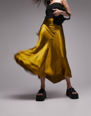 Topshop asymmetric fishtail midi skirt in yellow - ASOS Price Checker
