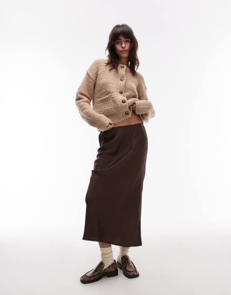 Topshop - Jupe mi-longue effet satin coupée en biais - Marron - view 1