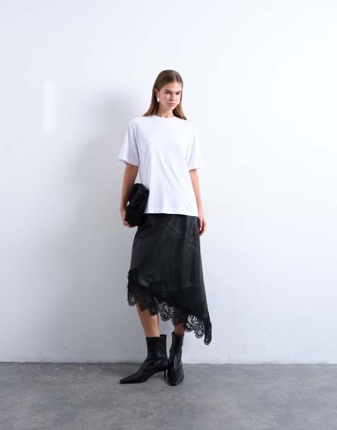 Topshop - Jupe mi-longue en cuir véritable avec empiècement en dentelle - Noir - view 1