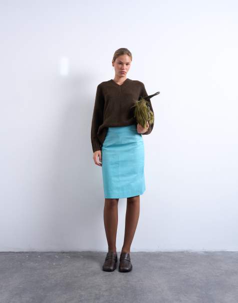 Topshop - Jupe mi-longue en cuir véritable - Turquoise - view 1