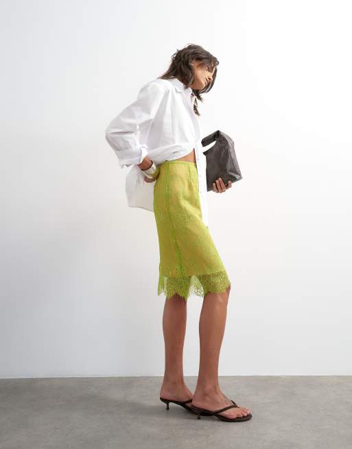 Topshop - Jupe mi-longue en dentelle à empiècement taupe - Citron vert, 4 de 5
