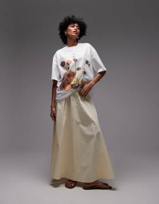 Topshop - Jupe mi-longue en popeline à taille élastiquée avec jupe évasée - Babeurre-Jaune