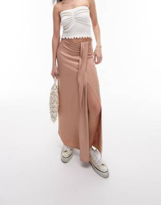 Topshop satin tuck detail midi skirt in blush - ASOS Price Checker