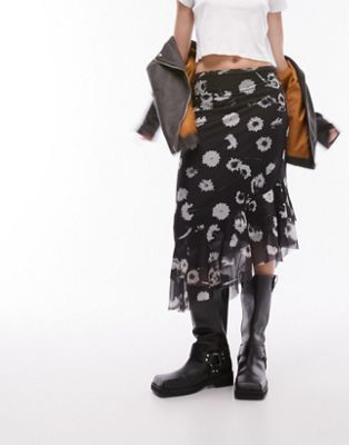 Topshop midi mesh skirt with ruffle in mono floral - ASOS Price Checker