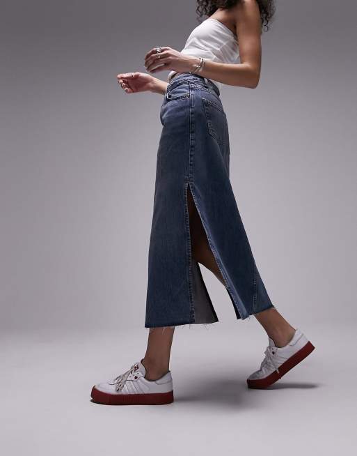 Topshop - Jupe mi-longue fendue en denim - Bleu moyen