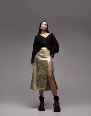 Topshop leather look split seam midi skirt in gold - ASOS Price Checker