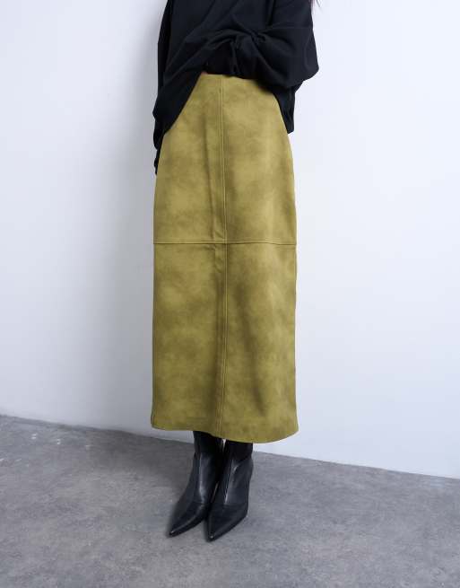 Topshop - Jupe mi-longue imitation daim à coutures - Avocat, 2 de 5