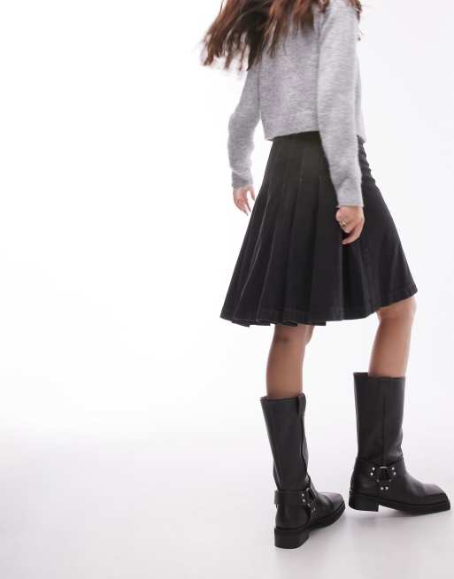 Topshop - Jupe mi-longue plissée en jean - Noir délavé, 2 de 4