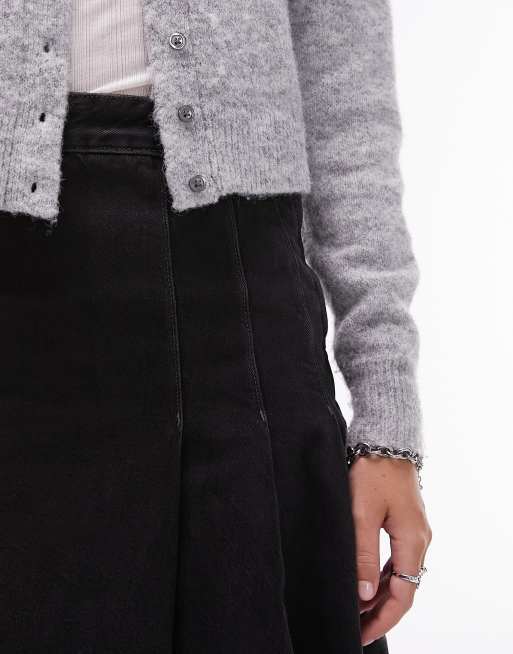 Topshop - Jupe mi-longue plissée en jean - Noir délavé, 3 de 4