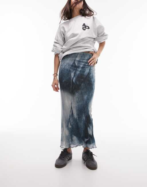 Topshop - Jupe mi-longue plissée et texturée motif flouté - Bleu