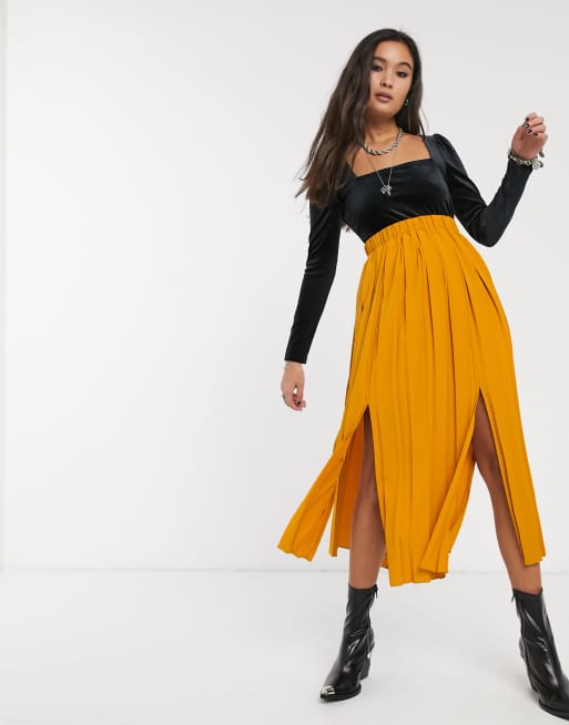 Topshop - Jupe mi-longue plissée - Moutarde | ASOS