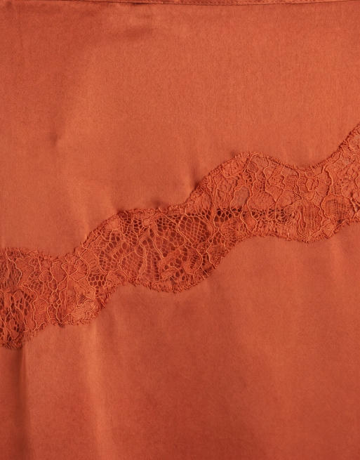 Topshop - Jupe mi-longue satin et dentelle à ourlet en pointe - Rouille, 8 de 9