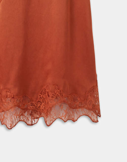 Topshop - Jupe mi-longue satin et dentelle à ourlet en pointe - Rouille, 9 de 9