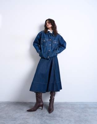 Jupe mi-longue surpiquée en jean à taille basse - Brut-Bleu 38