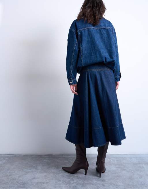 Topshop - Jupe mi-longue surpiquée en jean à taille basse - Brut, 3 de 5