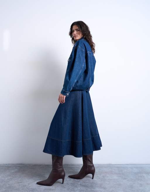 Topshop - Jupe mi-longue surpiquée en jean à taille basse - Brut, 5 de 5