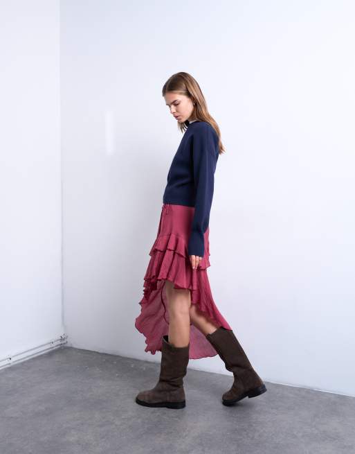 Topshop - Jupe mi-longue volantée à ourlet asymétrique - Rhubarbe, 3 de 5