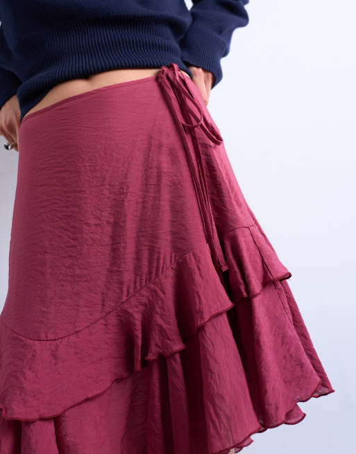 Topshop - Jupe mi-longue volantée à ourlet asymétrique - Rhubarbe, 4 de 5