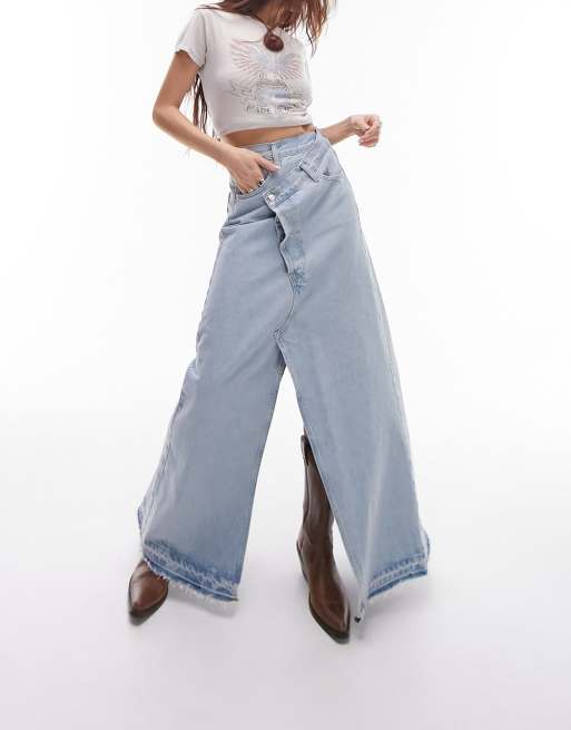 Topshop - Jupe portefeuille longue en jean - Délavé
