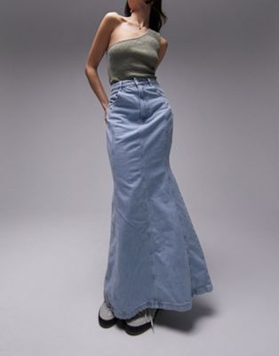 Topshop - Jupe taille haute en jean avec ourlet évasé - Bleu délavé | ASOS