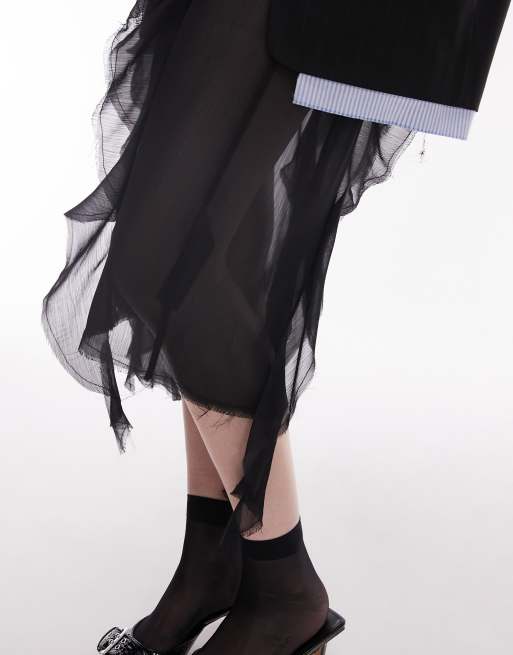 Topshop - Jupe transparente mi-longue à volants et bords bruts - Noir, 3 de 5