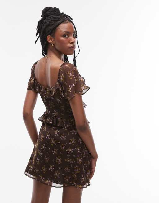 Topshop - Jurk met ruches en bloemenprint in bruin, 3 van 4