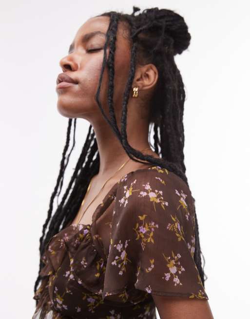 Topshop - Jurk met ruches en bloemenprint in bruin, 4 van 4