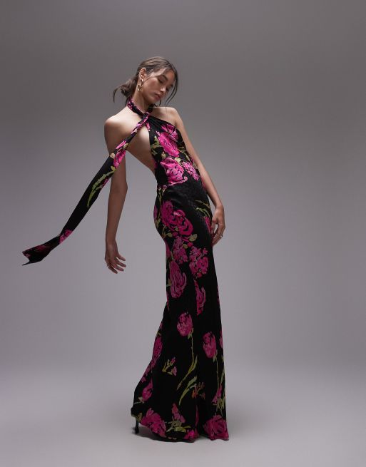 Topshop - Jurk van jacquard met gestrikte halternek en rozen- en stippenprint in zwart
