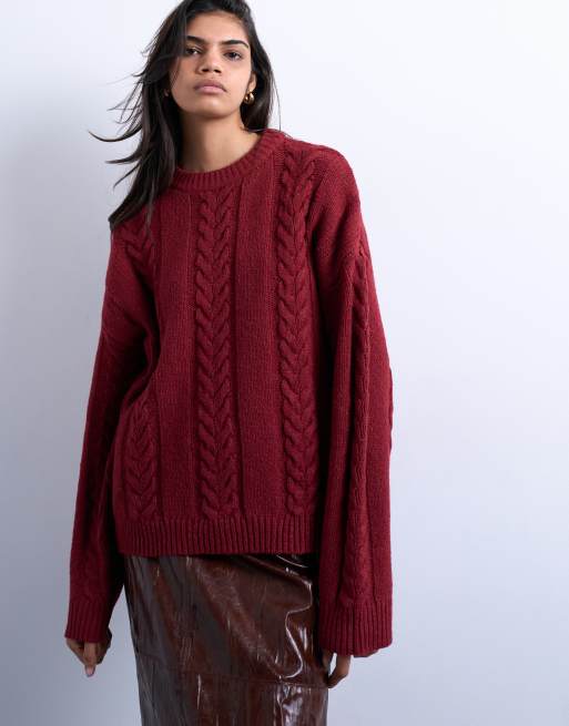 Topshop - Kabelgebreide trui met brede ribbels in dieprood 