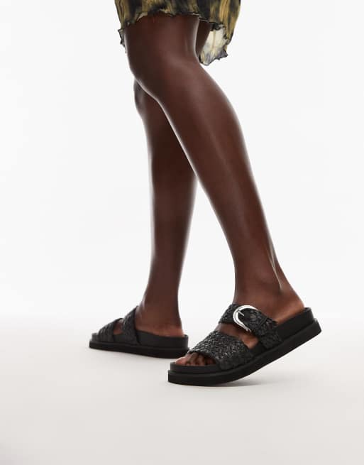 Topshop - Kady - Sorte flade sandaler med spænde i raffia