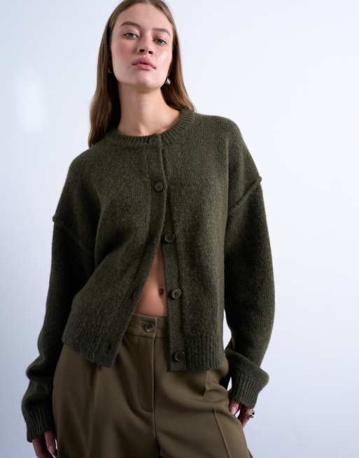 Topshop – Kakifärgad, avslappnad, stickad kofta med dekorativ söm, 4 av 4