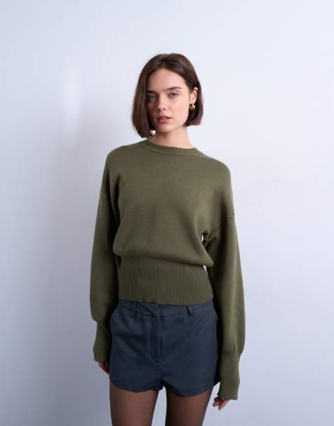 Topshop – Kakifärgad, kompakt stickad tröja med figurnära midja - view 1
