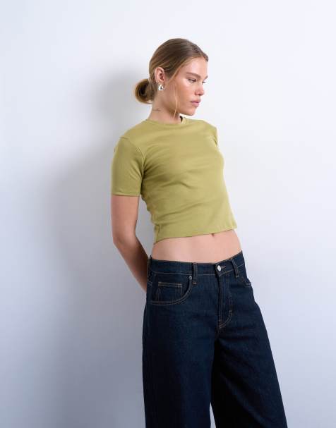 Topshop – Kakifärgad, krympt, vardaglig t-shirt - view 1