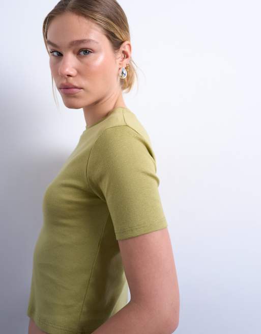 Topshop – Kakifärgad, krympt, vardaglig t-shirt, 3 av 4