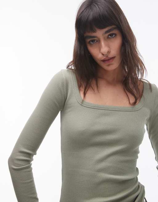 Topshop – Kakifärgad, långärmad topp med fyrkantig ringning
