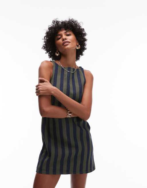 Topshop – Kakifärgad, randig shiftklänning i denim med minilängd, 3 av 4