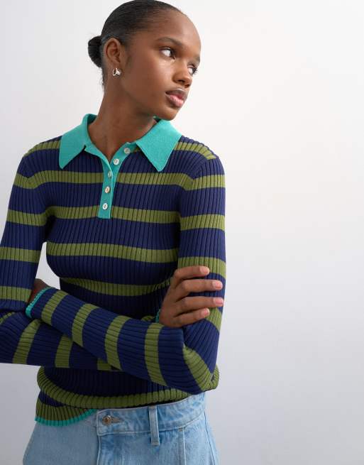 Topshop – Kakifärgad, randig, stickad pikétröja, 3 av 4