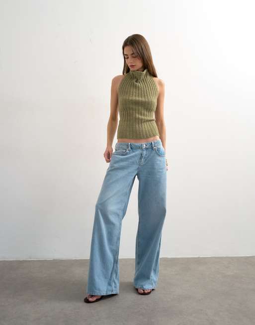 Topshop – Kakifärgad, stickad topp med draperad ringning och låg rygg, 3 av 4