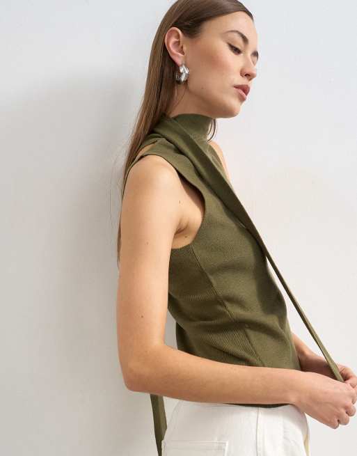Topshop – Kakifärgad, stickad topp med draperad scarfdetalj, 4 av 4