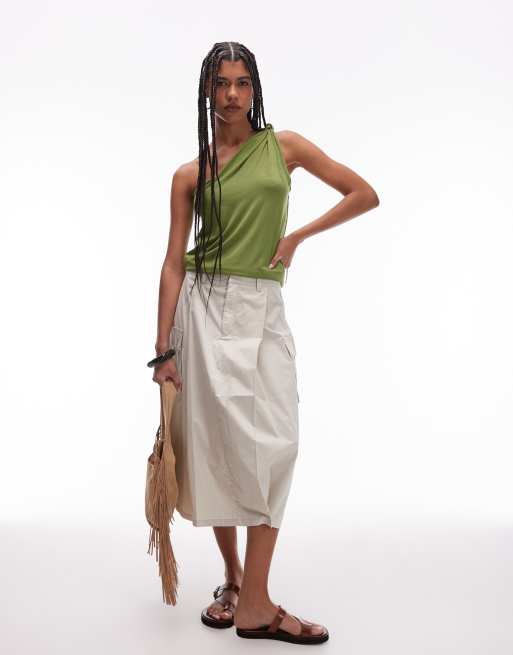Topshop - Kakifarvet oneshoulder-top med knudedetalje, 2 af 4