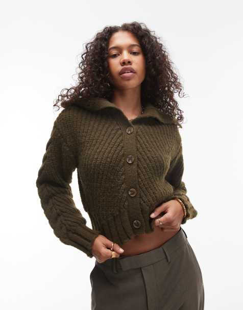 Topshop - Kakigrøn cardigan i chunky kabelstrik med krave - view 1