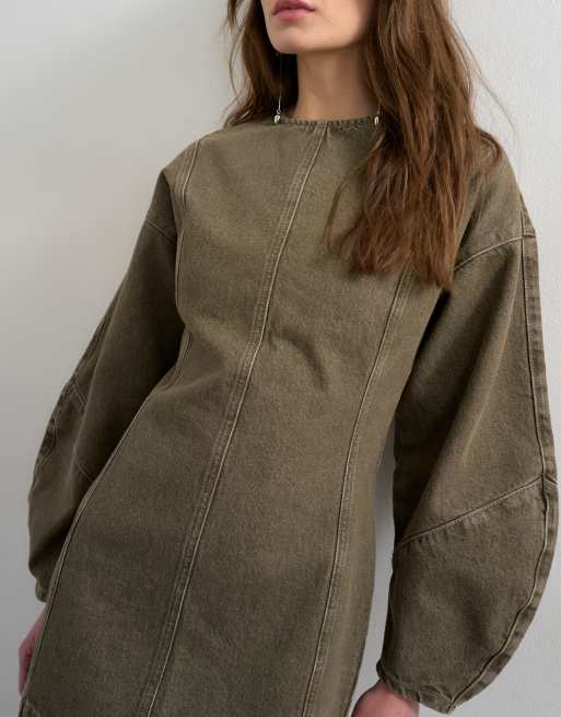 Topshop - Kakigrøn minikjole i denim med ovale ærmer, 2 af 4