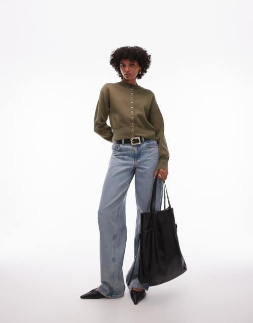 Topshop - Kakigrøn og strikket cardigan i kompakt pasform med indsyet talje
