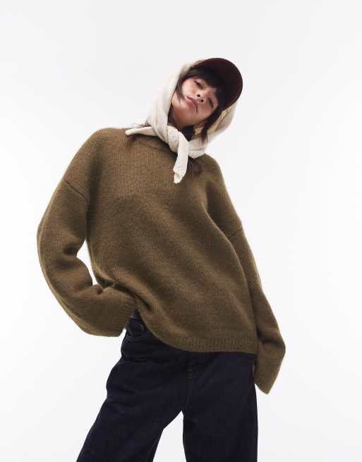 Topshop - Kakigrøn oversized trøje med rund hals i vamset strik i firkantet pasform