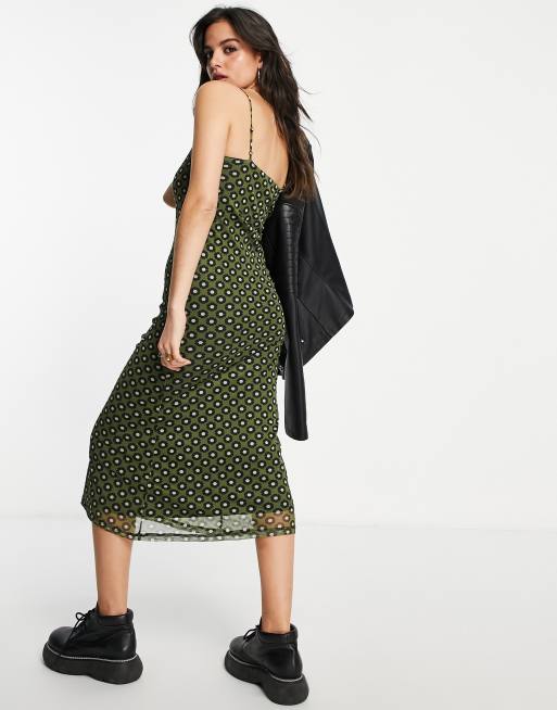 Topshop - Kakigrøn retro midikjole i mesh med blomstermønster , 3 af 4