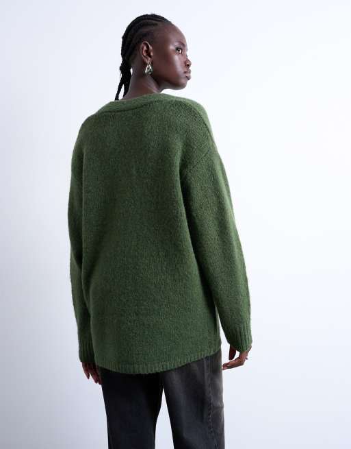 Topshop - Kakigrøn strikket oversized longline-boyfriend-cardigan, 4 af 4