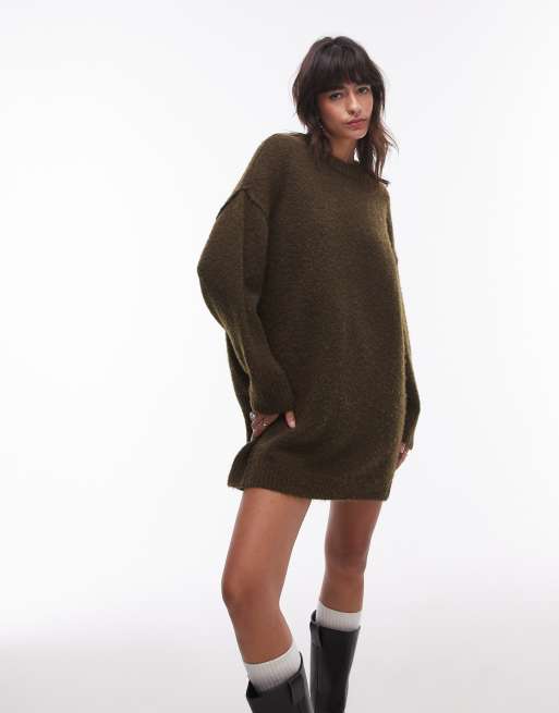 Topshop - Kakigrøn strikket oversized minikjole med rund hals og synlige sømdetaljer, 2 af 4