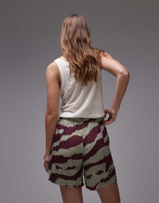 Topshop - Kakigrønne shorts med vide ben og zebraprint i krølstof, 4 af 5