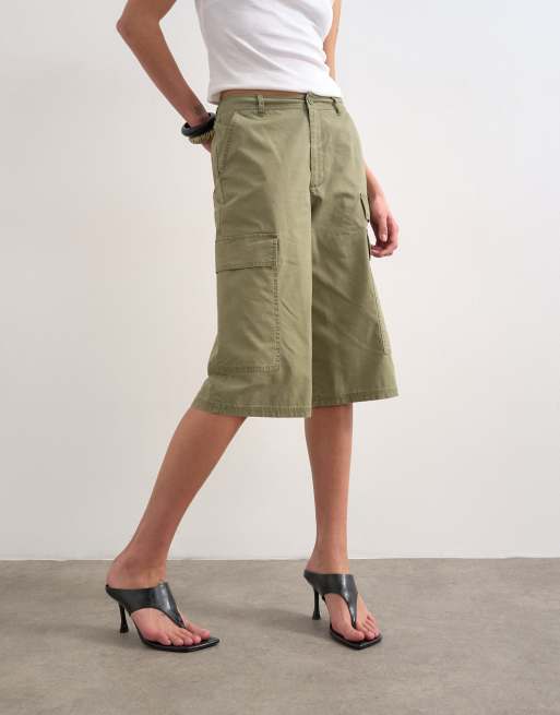 Topshop - Kakigrønne super longline-cargoshorts i ripstop-stof, 3 af 5